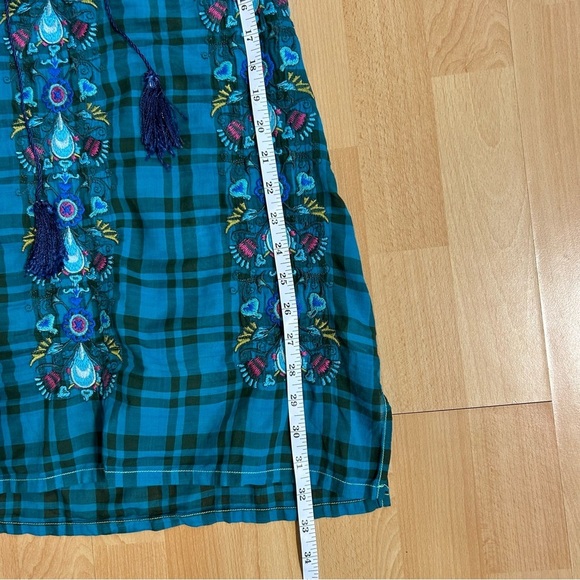 Johnny Was 3J Workshop Small Teal Plaid Embroidered Tunic Top Boho Hippie - Picture 10 of 11
